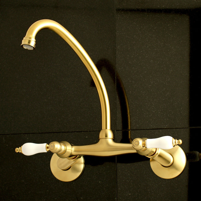 Kingston KS514SB Two-Handle 2-Hole Wall Mount Kitchen Faucet, Brushed Brass