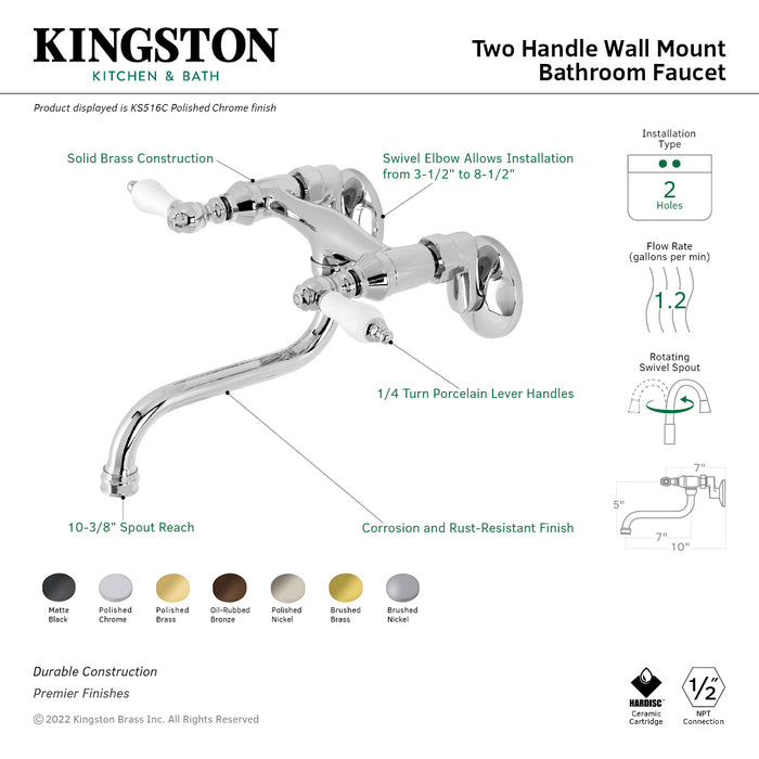 Kingston KS516C Two-Handle 2-Hole Wall Mount Bathroom Faucet, Polished Chrome