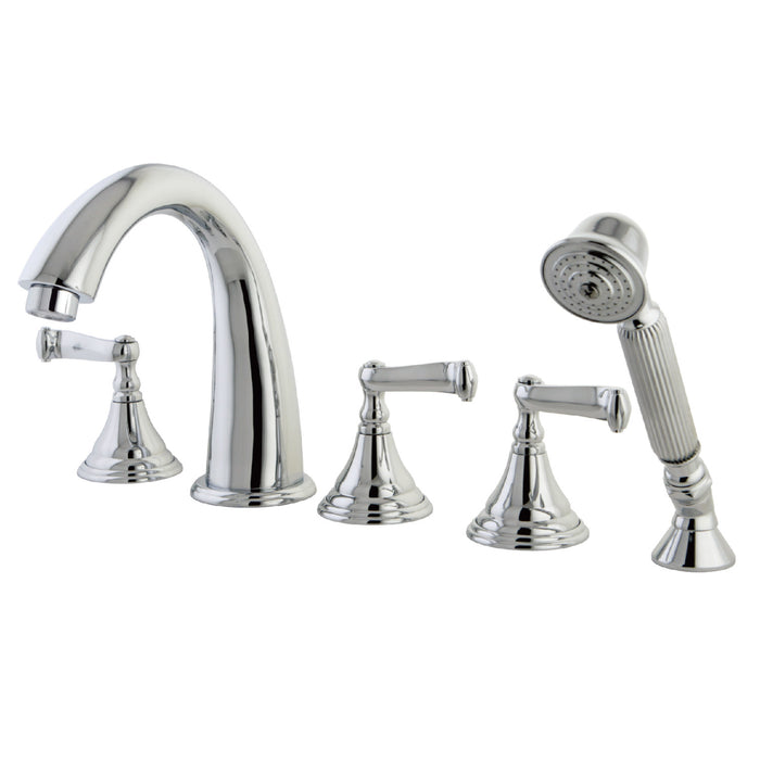 Kingston Tulare KS53615FL - Royale Three-Handle 5-Hole Deck Mount Roman Tub Faucet with Hand Shower, Polished Chrome
