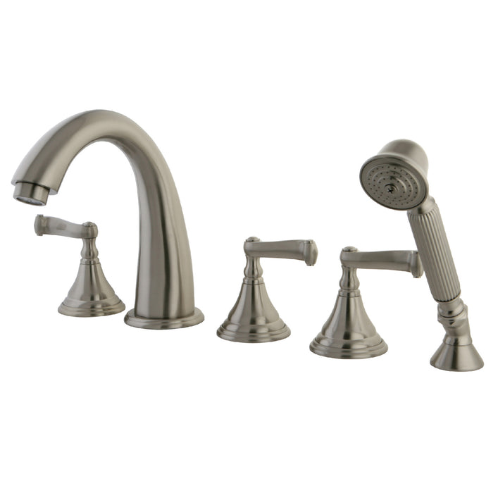 Kingston Tulare KS53685FL - Royale Three-Handle 5-Hole Deck Mount Roman Tub Faucet with Hand Shower, Brushed Nickel