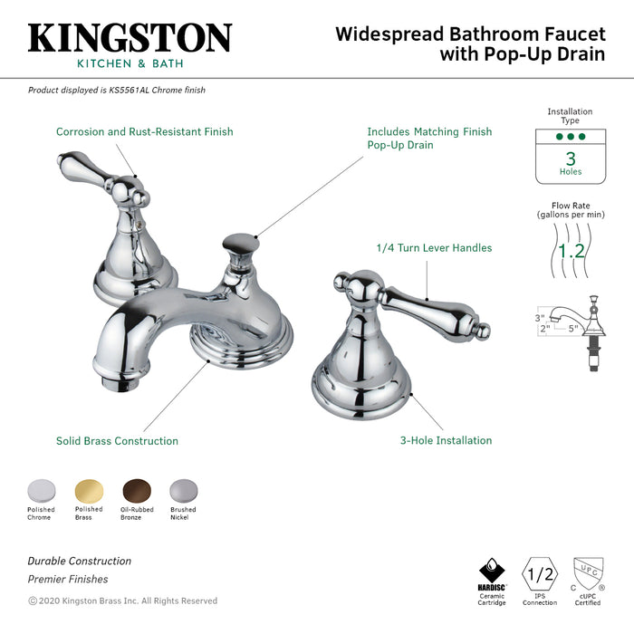 KS5561AL Two-Handle 3-Hole Deck Mount Widespread Bathroom Faucet with Brass Pop-Up, Polished Chrome