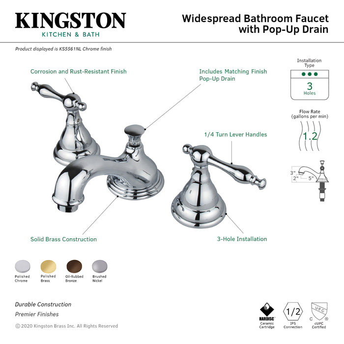 KS5561NL Two-Handle 3-Hole Deck Mount Widespread Bathroom Faucet with Brass Pop-Up, Polished Chrome