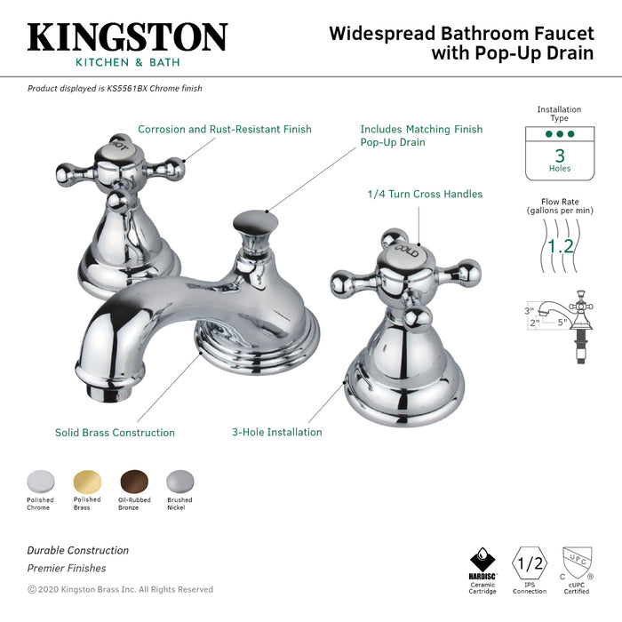 Kingston Heirloom KS5562BX - Royale Two-Handle 3-Hole Deck Mount Widespread Bathroom Faucet with Brass Pop-Up, Polished Brass
