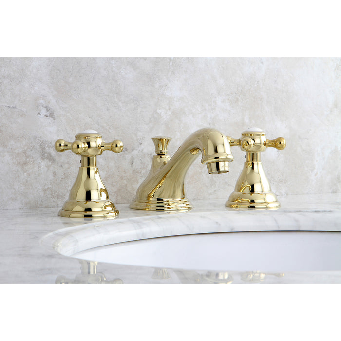 Kingston Heirloom KS5562BX - Royale Two-Handle 3-Hole Deck Mount Widespread Bathroom Faucet with Brass Pop-Up, Polished Brass