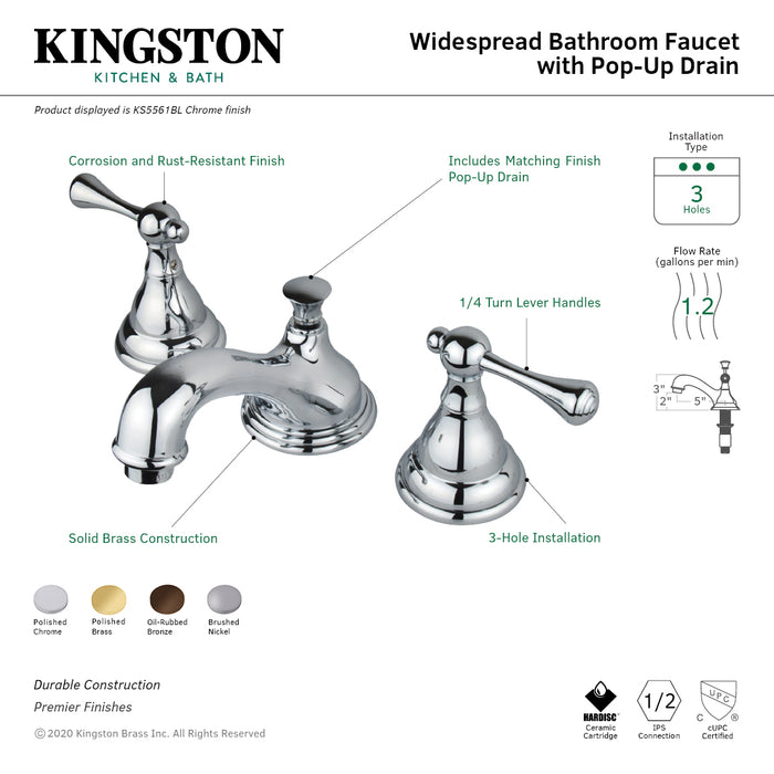 KS5568BL Two-Handle 3-Hole Deck Mount Widespread Bathroom Faucet with Brass Pop-Up, Brushed Nickel