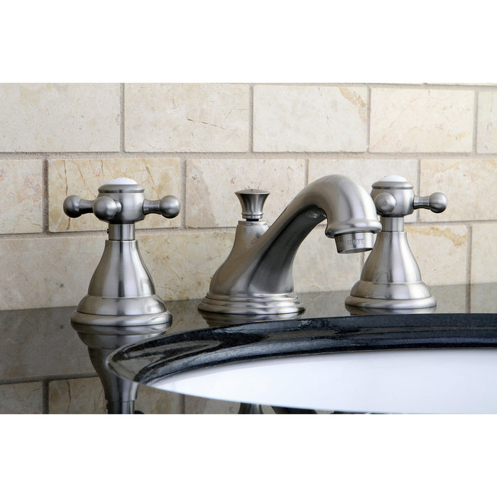 Kingston Heirloom KS5568BX - Royale Two-Handle 3-Hole Deck Mount Widespread Bathroom Faucet with Brass Pop-Up, Brushed Nickel