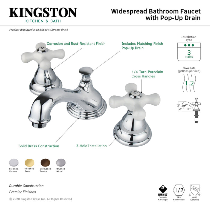 Kingston Heirloom KS5568PX - Royale Two-Handle 3-Hole Deck Mount Widespread Bathroom Faucet with Brass Pop-Up, Brushed Nickel