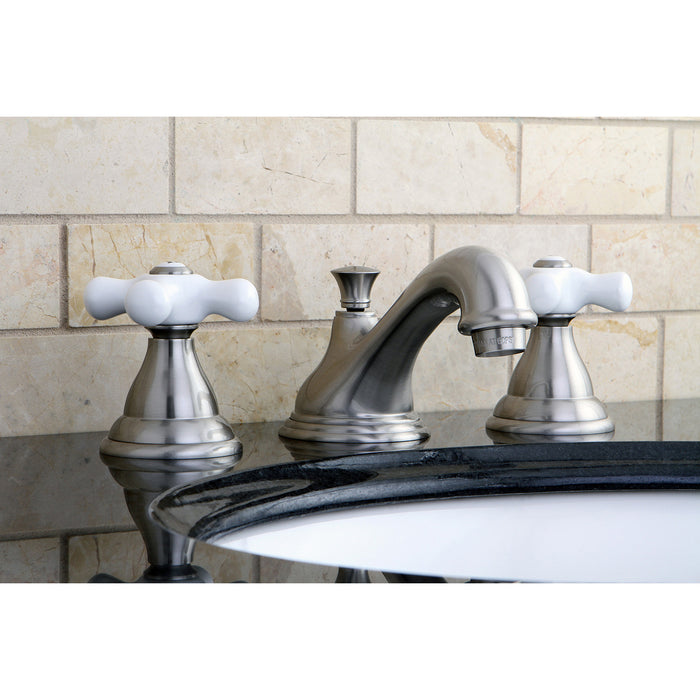 Kingston Heirloom KS5568PX - Royale Two-Handle 3-Hole Deck Mount Widespread Bathroom Faucet with Brass Pop-Up, Brushed Nickel