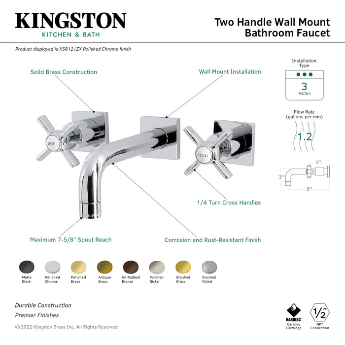Kingston Sona KS6127ZX - Millennium Double-Handle 3-Hole Wall Mount Bathroom Faucet, Brushed Brass