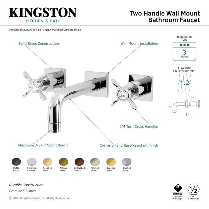 Kingston Tulare KS6128BEX - Essex Double-Handle 3-Hole Wall Mount Bathroom Faucet, Brushed Nickel