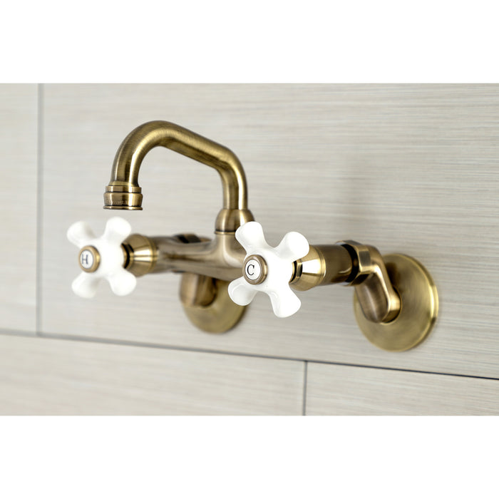 Kingston KS612AB Two-Handle 2-Hole Wall Mount Bar Faucet, Antique Brass