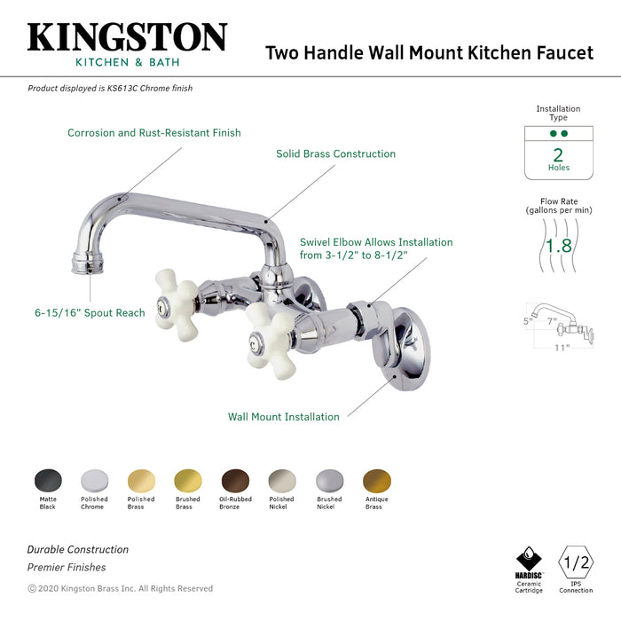 Kingston KS613C Two-Handle 2-Hole Wall Mount Kitchen Faucet, Polished Chrome