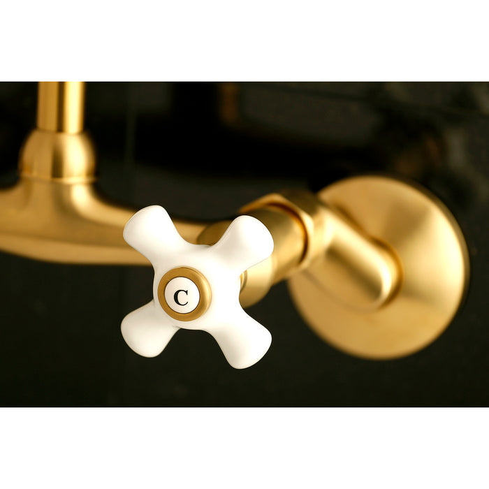 Kingston Heirloom KS613SB - Kingston Two-Handle 2-Hole Wall Mount Bridge Kitchen Faucet, Brushed Brass
