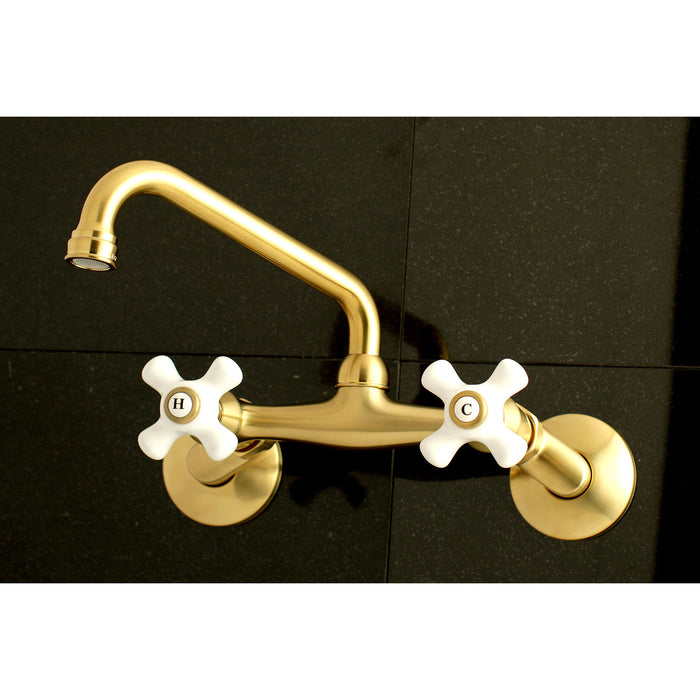 Kingston Heirloom KS613SB - Kingston Two-Handle 2-Hole Wall Mount Bridge Kitchen Faucet, Brushed Brass