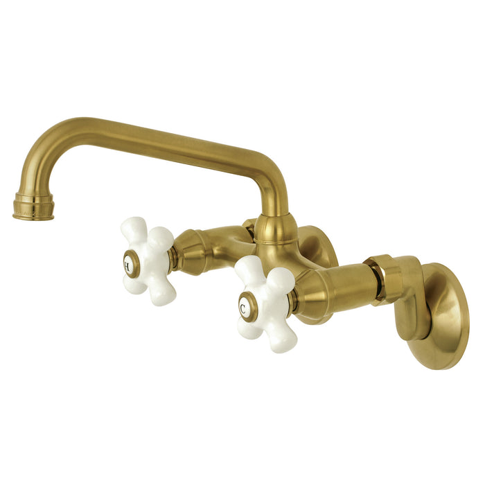Kingston Heirloom KS613SB - Kingston Two-Handle 2-Hole Wall Mount Bridge Kitchen Faucet, Brushed Brass