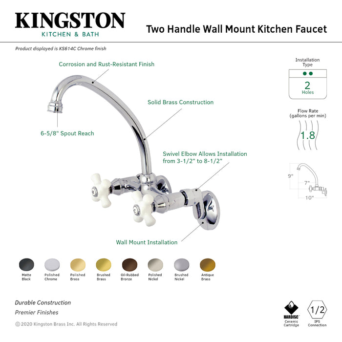Kingston KS614AB Two-Handle 2-Hole Wall Mount Kitchen Faucet, Antique Brass
