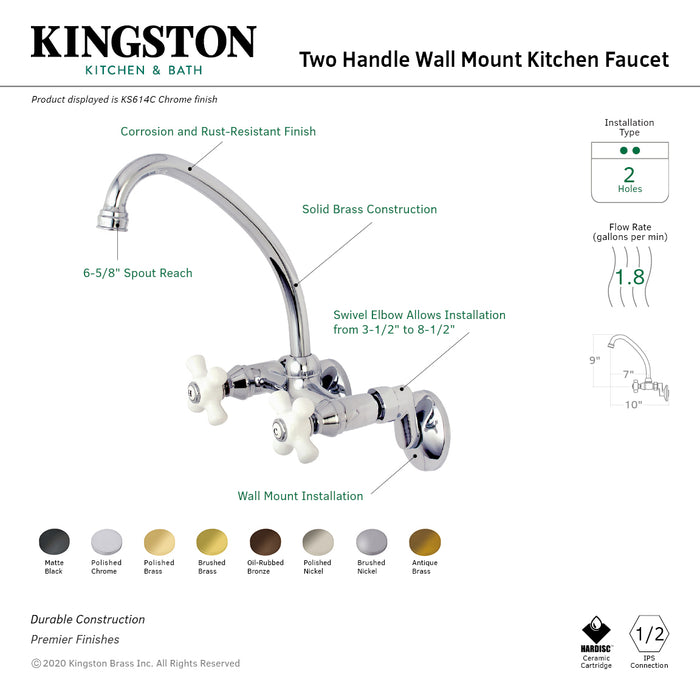 Kingston Heirloom KS614C - Kingston Two-Handle 2-Hole Wall Mount Bridge Kitchen Faucet, Polished Chrome