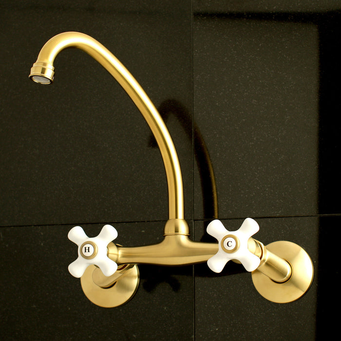 Kingston KS614SB Two-Handle 2-Hole Wall Mount Kitchen Faucet, Brushed Brass