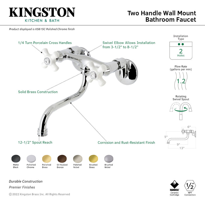 Kingston KS615MB Two-Handle 2-Hole Wall Mount Bathroom Faucet, Matte Black