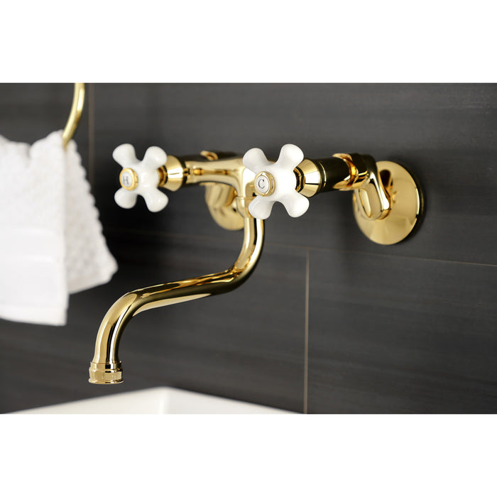 Kingston Heirloom KS616PB - Kingston Double-Handle 2-Hole Wall Mount Bathroom Faucet, Polished Brass