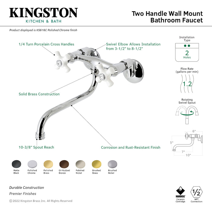 Kingston KS616PN Two-Handle 2-Hole Wall Mount Bathroom Faucet, Polished Nickel