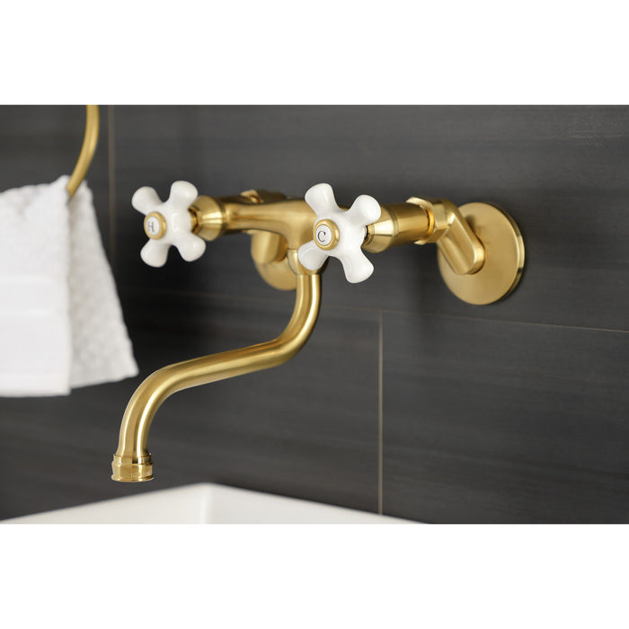 Kingston Heirloom KS616SB - Kingston Double-Handle 2-Hole Wall Mount Bathroom Faucet, Brushed Brass