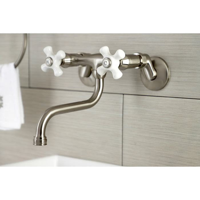 Kingston Heirloom KS616SN - Kingston Double-Handle 2-Hole Wall Mount Bathroom Faucet, Brushed Nickel