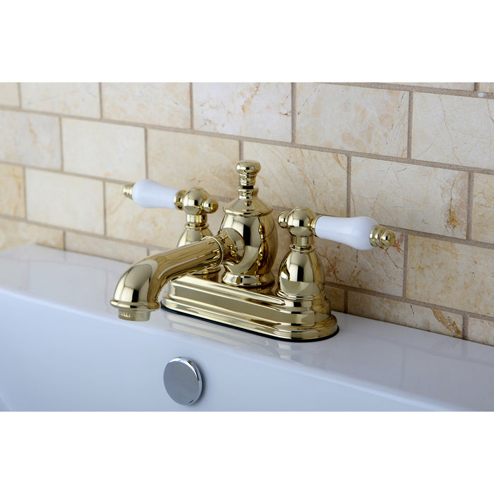 English Country KS7002PL Two-Handle 3-Hole Deck Mount 4" Centerset Bathroom Faucet with Brass Pop-Up, Polished Brass