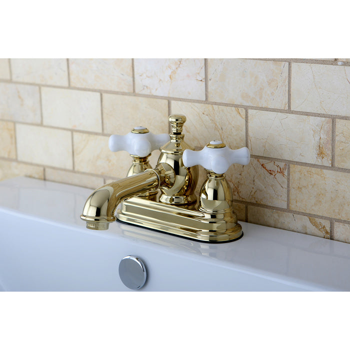 English Country KS7002PX Two-Handle 3-Hole Deck Mount 4" Centerset Bathroom Faucet with Brass Pop-Up, Polished Brass
