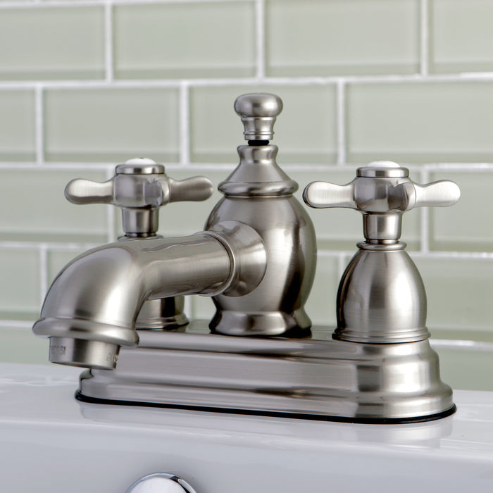Essex KS7008BEX Two-Handle 3-Hole Deck Mount 4" Centerset Bathroom Faucet with Brass Pop-Up, Brushed Nickel