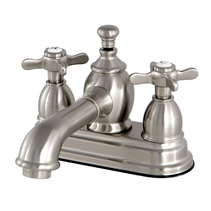 Essex KS7008BEX Two-Handle 3-Hole Deck Mount 4" Centerset Bathroom Faucet with Brass Pop-Up, Brushed Nickel