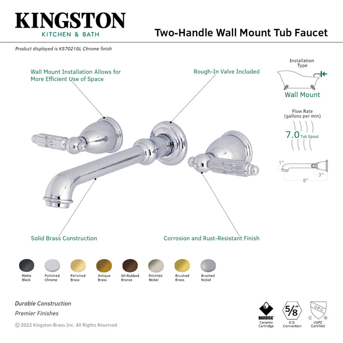 Kingston Tulare KS7027GL - Georgian Two-Handle 3-Hole Wall Mount Roman Tub Faucet, Brushed Brass
