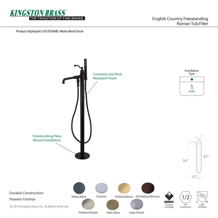 Kingston Tulare KS7030ABL - English Country Single-Handle 1-Hole Freestanding Tub Faucet with Hand Shower, Matte Black