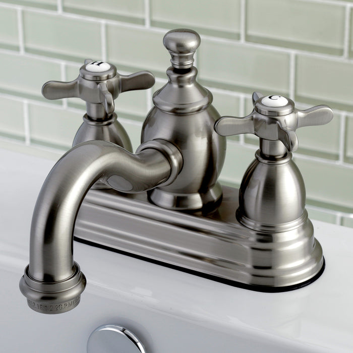 Essex KS7108BEX Two-Handle 3-Hole Deck Mount 4" Centerset Bathroom Faucet with Brass Pop-Up, Brushed Nickel