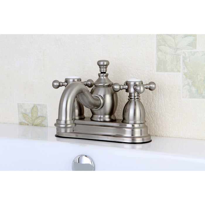 English Country KS7108BX Two-Handle 3-Hole Deck Mount 4" Centerset Bathroom Faucet with Brass Pop-Up, Brushed Nickel