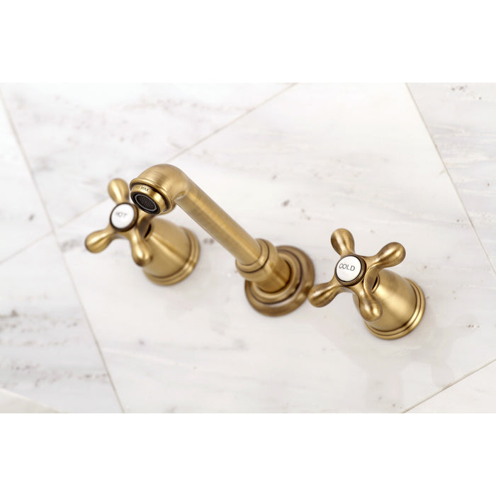 English Country KS7123AX Double-Handle 3-Hole Wall Mount Bathroom Faucet, Antique Brass