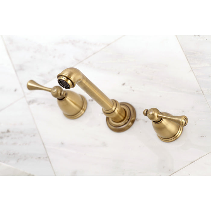 English Country KS7123BL Two-Handle 3-Hole Wall Mount Bathroom Faucet, Antique Brass