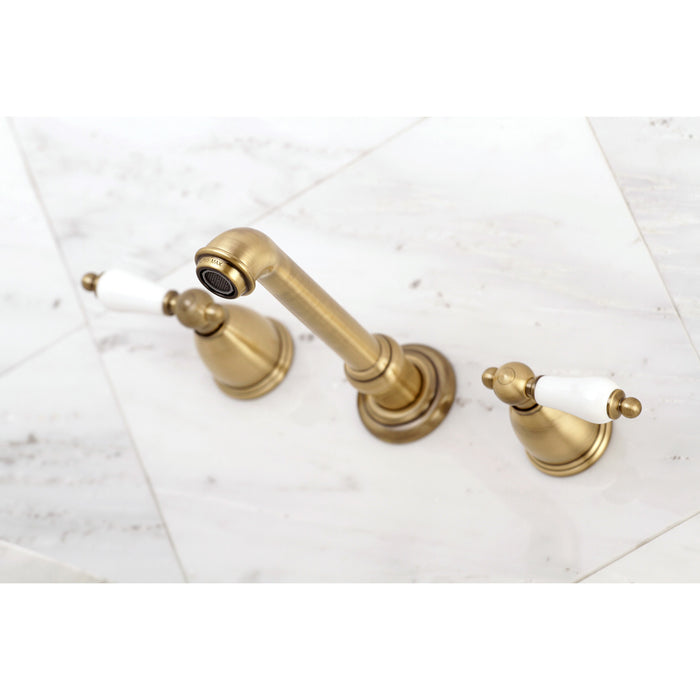 English Country KS7123PL Two-Handle 3-Hole Wall Mount Bathroom Faucet, Antique Brass