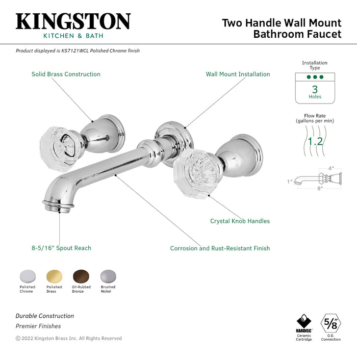 Kingston Tulare KS7128WCL - Celebrity Double-Handle 3-Hole Wall Mount Bathroom Faucet, Brushed Nickel