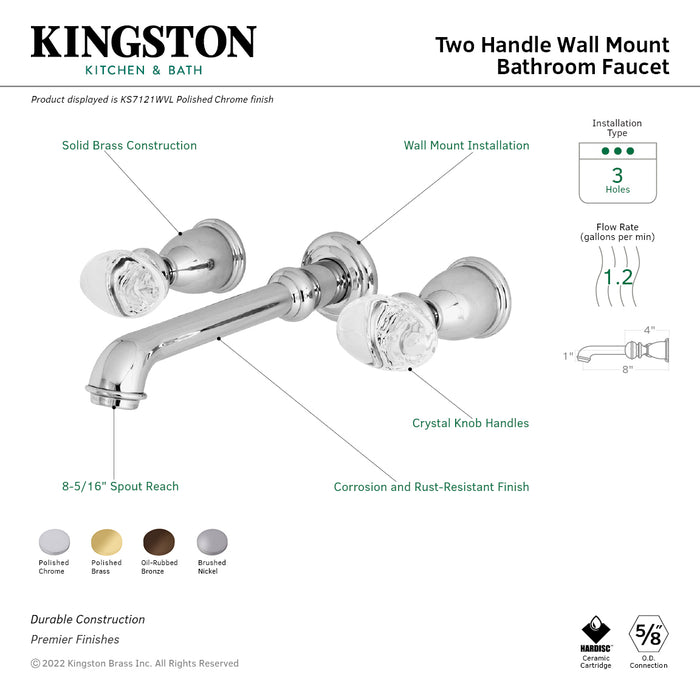 Kingston Tulare KS7128WVL - Krystal Onyx Double-Handle 3-Hole Wall Mount Bathroom Faucet, Brushed Nickel
