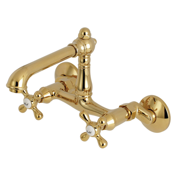 Kingston Tulare KS7222AX - English Country Two-Handle 2-Hole Wall Mount Bridge Kitchen Faucet, Polished Brass
