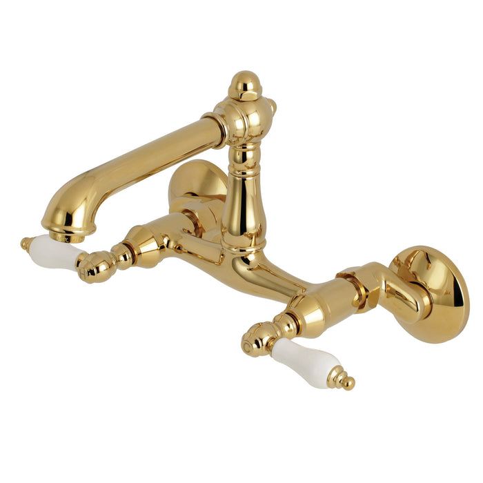 English Country KS7222PL Two-Handle 2-Hole Wall Mount Kitchen Faucet, Polished Brass