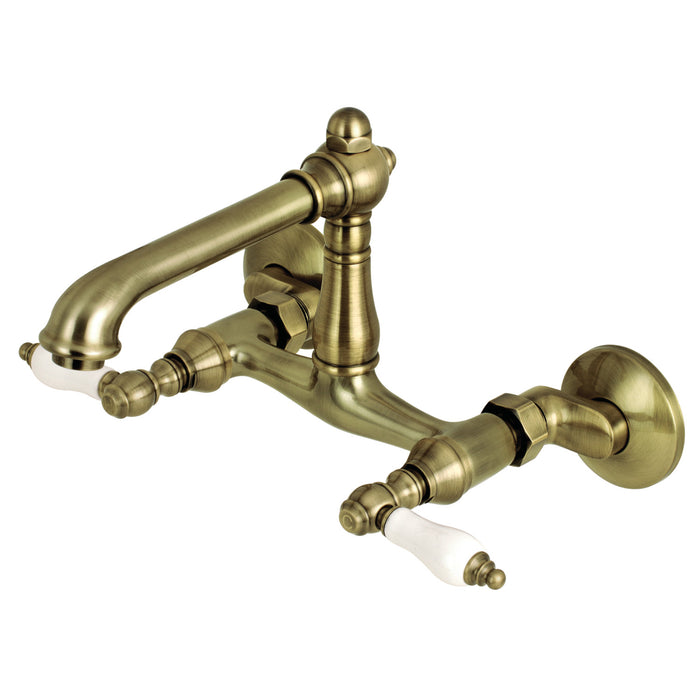 English Country KS7223PL Two-Handle 2-Hole Wall Mount Kitchen Faucet, Antique Brass