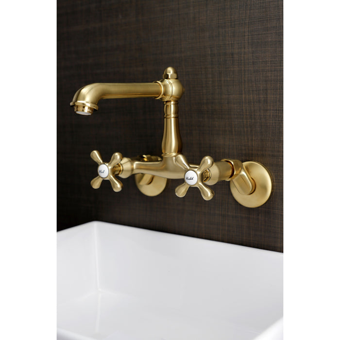 English Country KS7227AX Two-Handle 2-Hole Wall Mount Kitchen Faucet, Brushed Brass