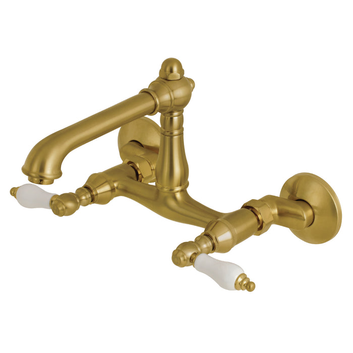 English Country KS7227PL Two-Handle 2-Hole Wall Mount Kitchen Faucet, Brushed Brass