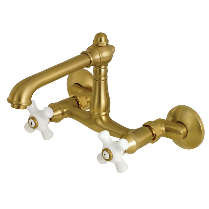 English Country KS7227PX Two-Handle 2-Hole Wall Mount Kitchen Faucet, Brushed Brass