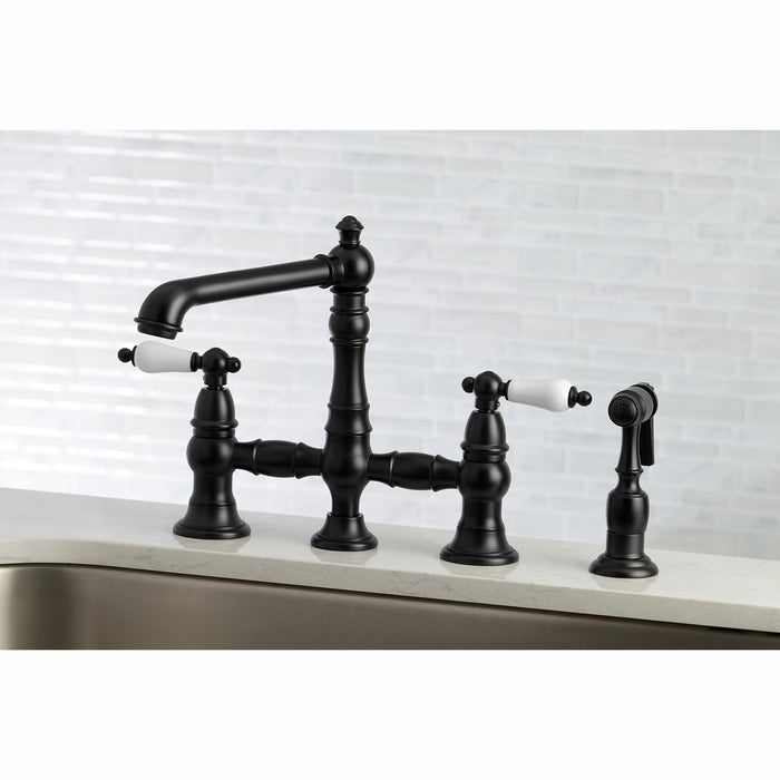 English Country KS7270PLBS Two-Handle 4-Hole Deck Mount Bridge Kitchen Faucet with Side Sprayer, Matte Black