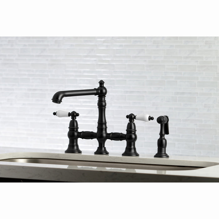 English Country KS7270PLBS Two-Handle 4-Hole Deck Mount Bridge Kitchen Faucet with Side Sprayer, Matte Black