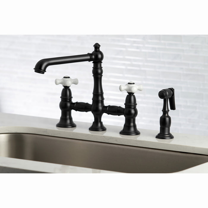 English Country KS7270PXBS Two-Handle 4-Hole Deck Mount Bridge Kitchen Faucet with Side Sprayer, Matte Black