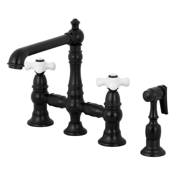 English Country KS7270PXBS Two-Handle 4-Hole Deck Mount Bridge Kitchen Faucet with Side Sprayer, Matte Black